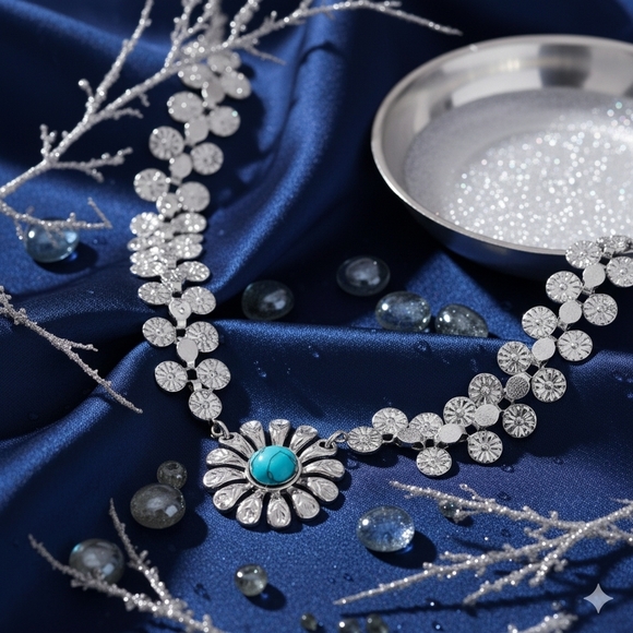 Vintage Style Boho Chic Stainless Steel Wide Flower Necklace Turquoise Accent - Picture 15 of 15